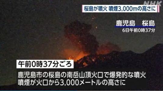 日本樱岛火山喷发，烟柱高达2700米